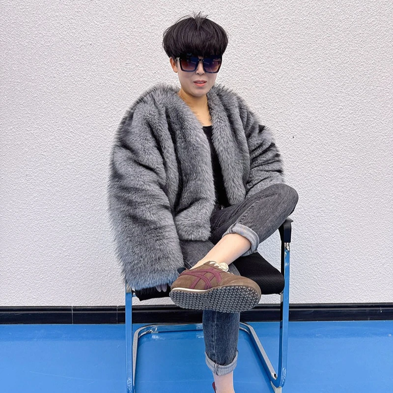 Giacca in pelliccia sintetica con scollo a V Giacca in pelliccia corta grigia con volpe sintetica graduale allentata Soffici cappotti invernali in peluche da donna di lusso caldi e spessi casual