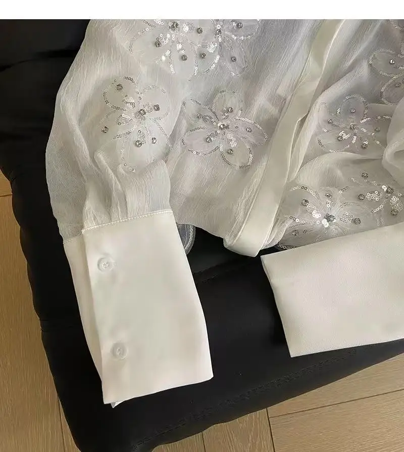 2025 outono verão nova tendência solta diamante lantejoulas flor bordado camisas de festa blusas para mulheres de manga comprida topo camisas