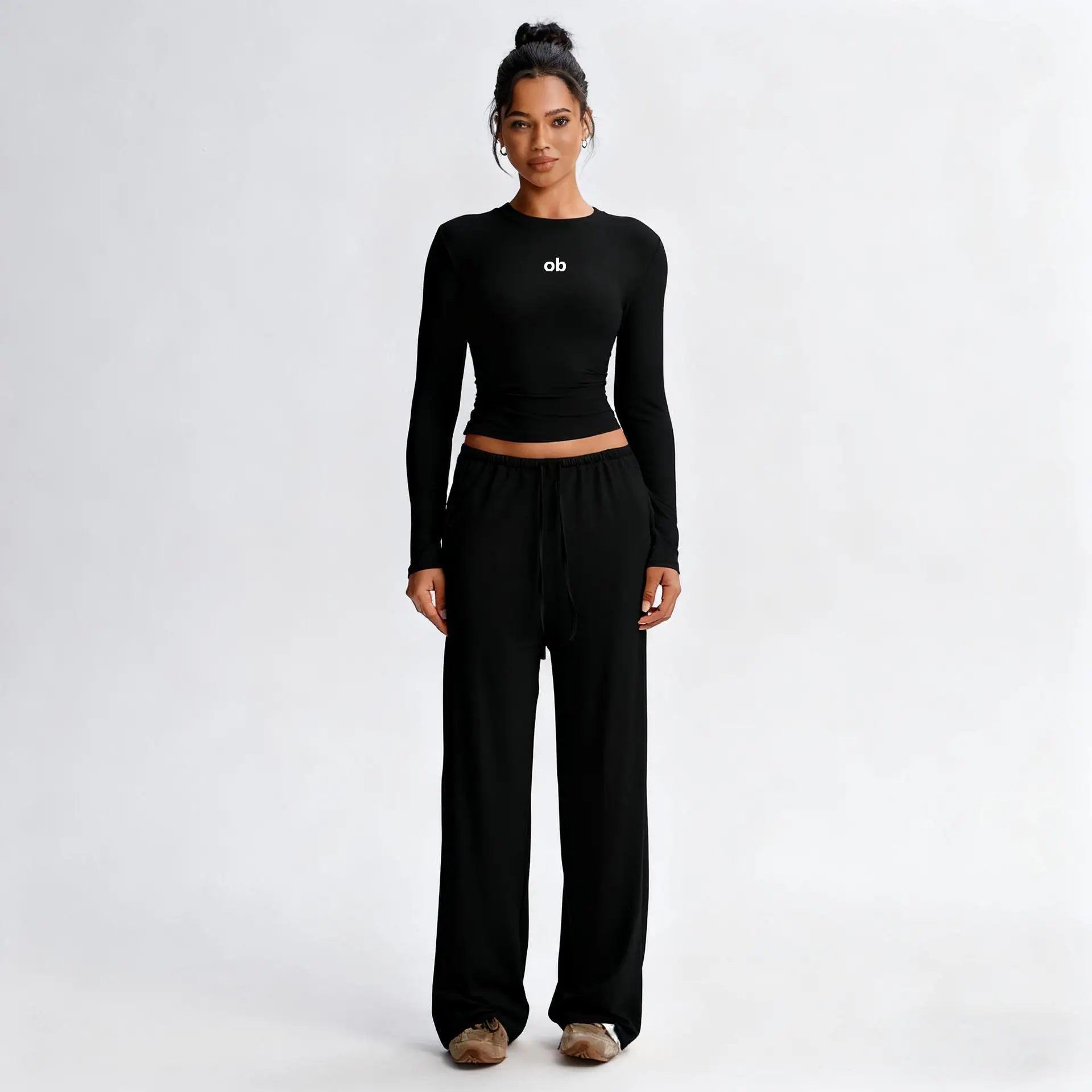 2027 New Clothing - Solid Color Casual Long-Sleeved Set - High-Waisted Wide-Fitting Pants - Sports Yoga Set - Fitness Set 3