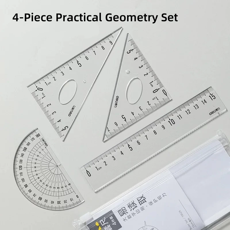 DELI Conjunto de Geometria Transparente 4 PCS Ferramentas de Desenho de Matemática com Régua Transferidor Triângulo Fácil Leitura Medição para Estudantes Escolares
