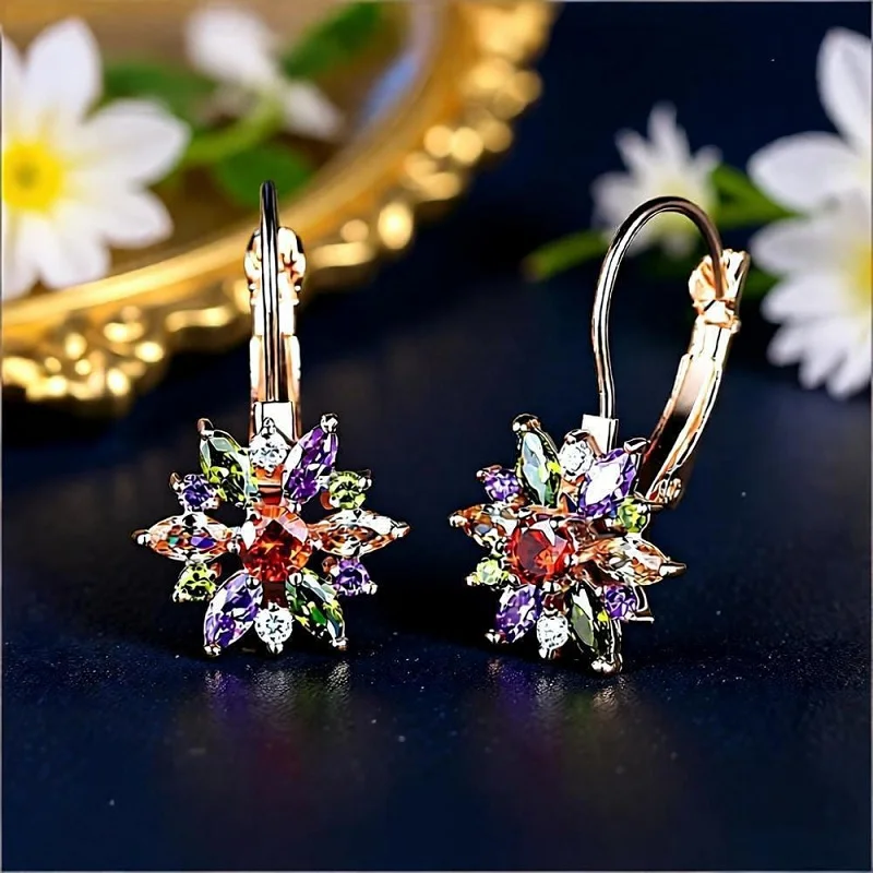 

Exquisite 925 Sterling Silver Colorful Sunflower Crystal Cubic Zircon Drop Earrings for Women Girls Wedding Party Jewelry Gifts