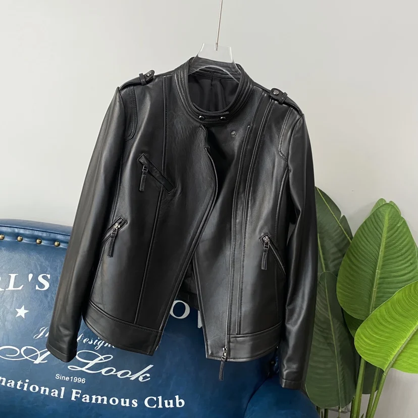   เสื้อแจ็คเก็ตหนังแท้ทรงสลิมฟิต คอตั้ง สไตล์ไบค์เกอร์ สำหรับผู้หญิง รุ่น Ning 2023 Autumn ort  ทำจากหนังวัวแท้