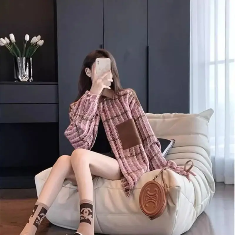 

Spliced Woven Plaid Coarse Tweed Small Fragrant Style Jacket for Women's 2024 Spring and Autumn Lazy Style High-end Feeling Top