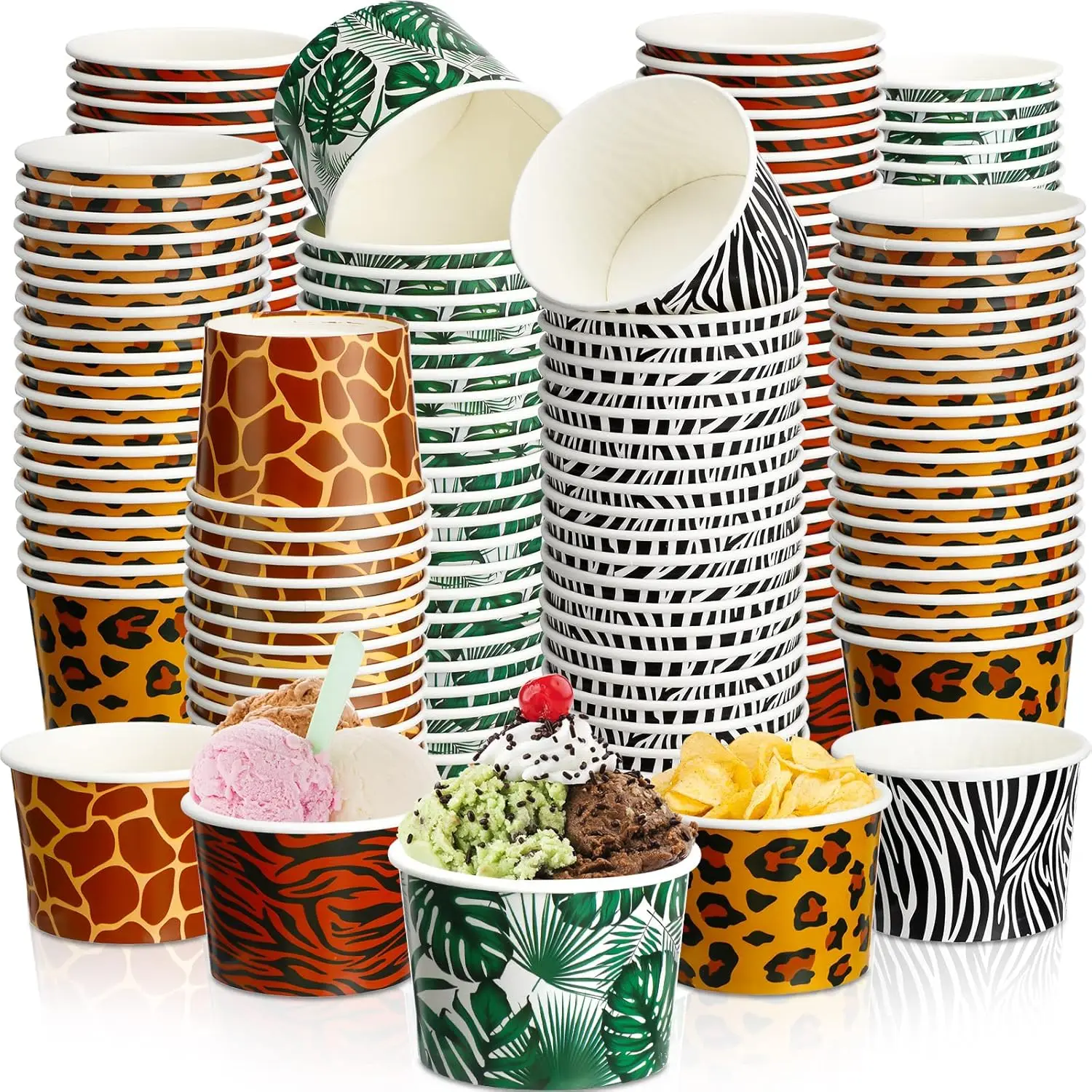 

150 Pcs 9 oz Paper Ice Cream Bowls Zoo Animal Print Disposable Dessert Cups Forest Leopard Tiger Giraffe Zebra Palm Tree