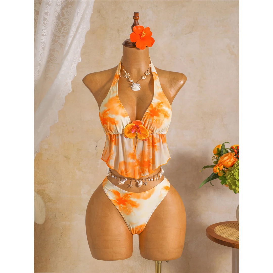 3D-Blumenmuster mit Rock, Neckholder-Bikini, Damen-Badeanzug, dreiteiliges Bikini-Set, Badebekleidung, Badeanzug, Schwimmbekleidung V8422 – Detail 16