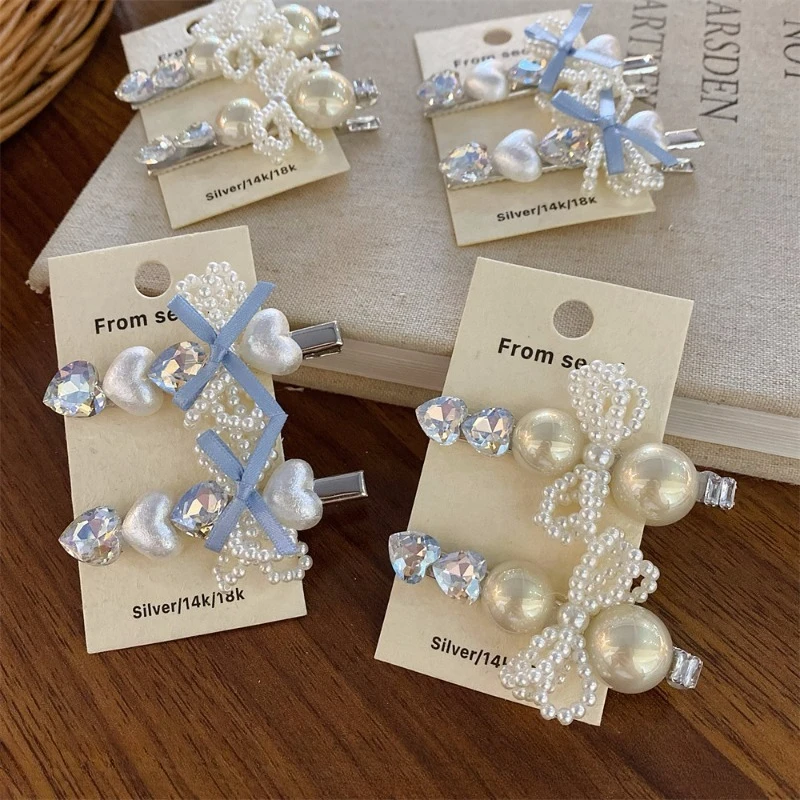 

2 шт., нежная заколка для волос с жемчугом и кристаллами, боковой зажим в сказочном стиле, женское повседневное платье для свидания, аксессуары для волос, милые банты для волос для девочек