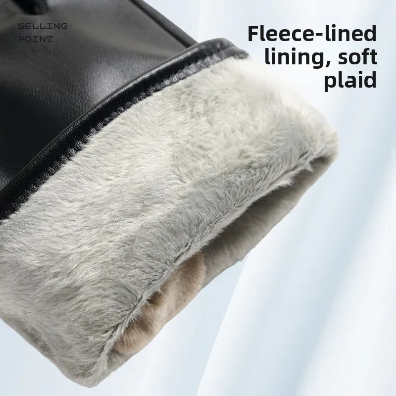 Warm Mens Autumn Winter Touch Screen Washed PU Leather Fleece Lined Thickened Windproof Waterproof Outdoor Driving Gloves