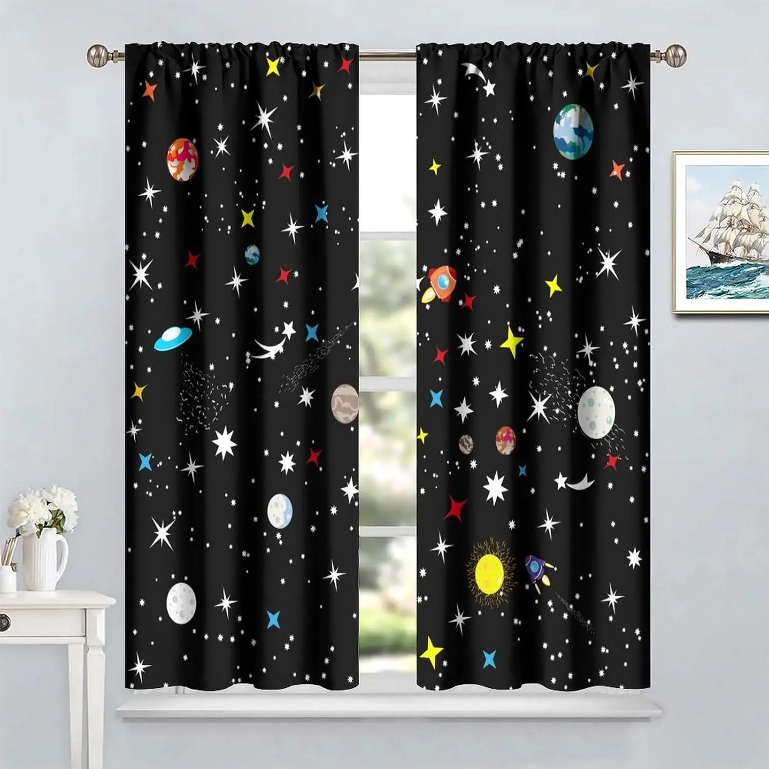 Kids Outer Space Curtain Colorful Planet Rocket Star UFO Cartoon Pattern Light Blocking Drape For Villa Dorm Resort Children