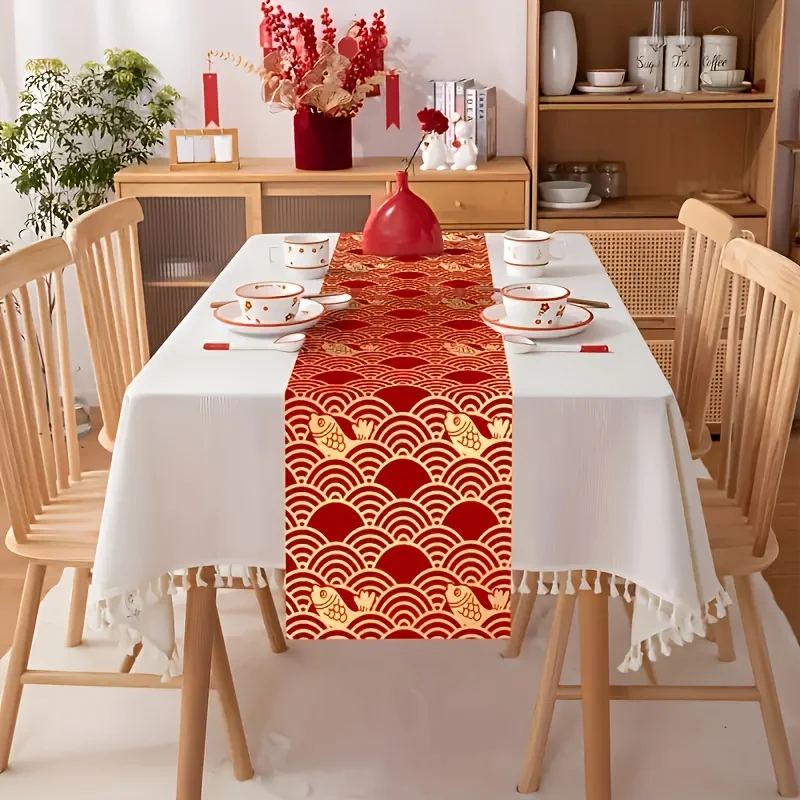 Chinese New Year Red Print Linen Table Runner Party Decor Lunar Year of The Horse Spring Festival Table Runners New Year Decor
