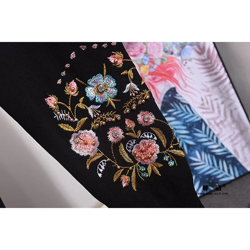

Black Knitted Tracksuits Women Two Piece Outfits Embroidery Flowers Pullover Sweater Pencil Pants Set Female Loose Knitting 2pc