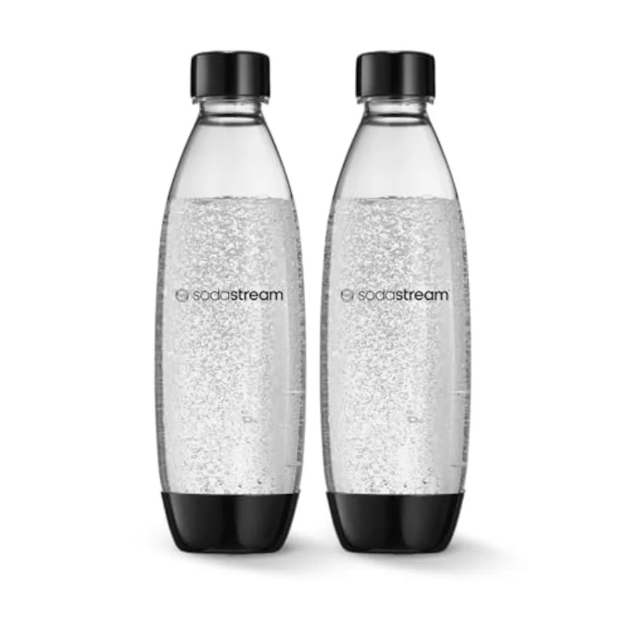 

1L Twin Pack Carbonated Water Bottle, Dishwasher Safe Slim, 2 Black Reusable Plastic Bottles for Sparkling Water, Soda Stream C