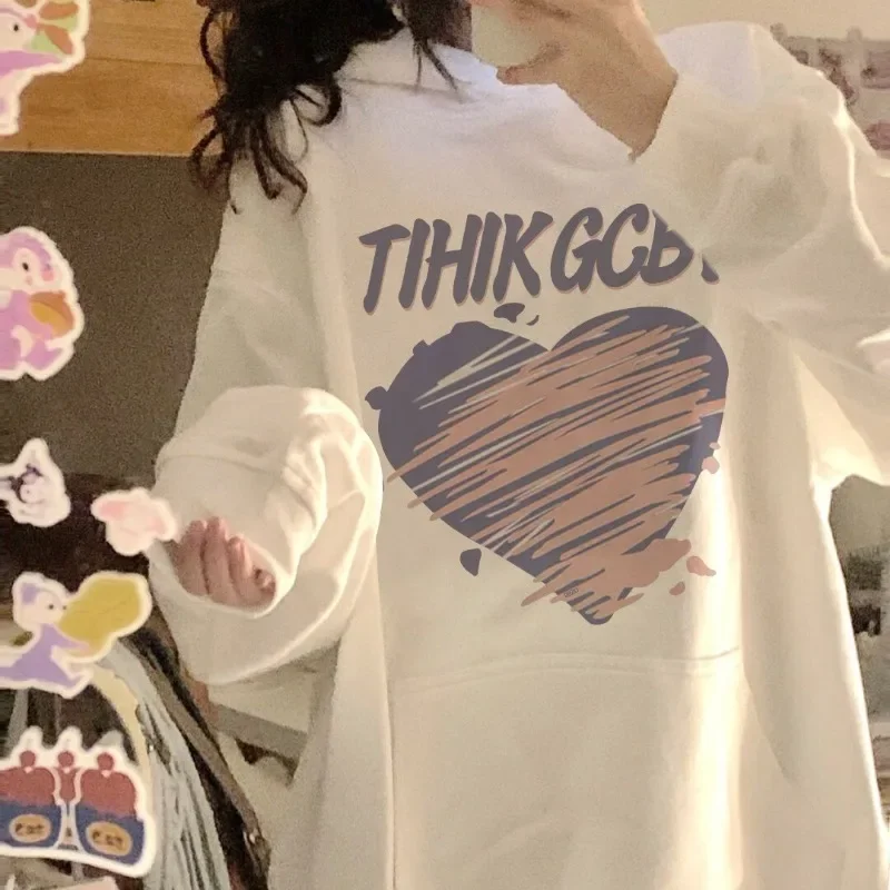 

Y2k New Love Graffiti Print Plush White Sweatshirt Women Students Autumn Winter Loose Hooded Korean Pullover Women's Tops Coat