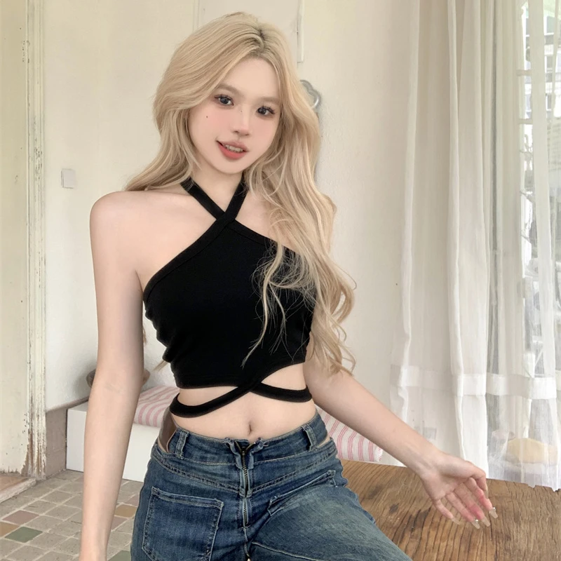 

Halterneck Cross Tie Suspender Top For Women Slim Sexy Solid Color Crop Top Hottie Street Wear Korean Version Versatile