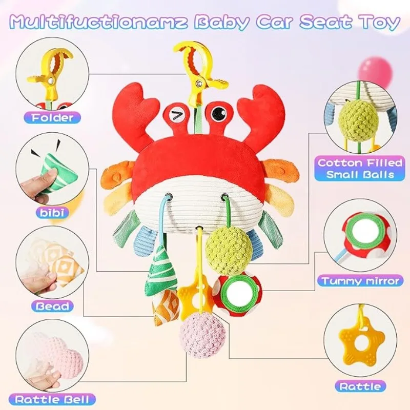 Baby Car Seat Stroller Plush Hanging Rattle Toys Newborn Crib Bed Around Toy Crab Animal with Teether Rattle Sound Mirror Clip