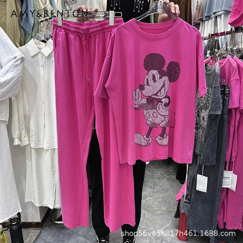 

American Cool Style Heavy Rhinestone Cartoon Loose Short Sleeved T-shirt Top + Elastic Waist Wide Leg Long Pants Two-Piece Sets