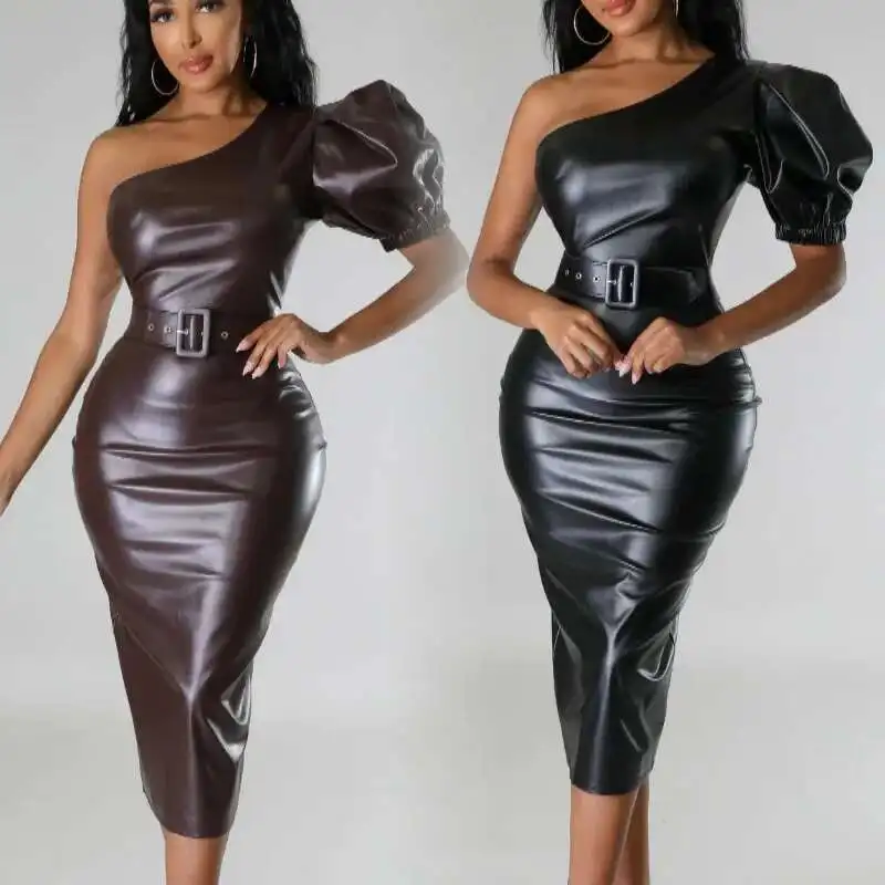 

HX0365 Autumn/Winter New Style One Side Shoulder Sleeve PU Leather Tight Dress