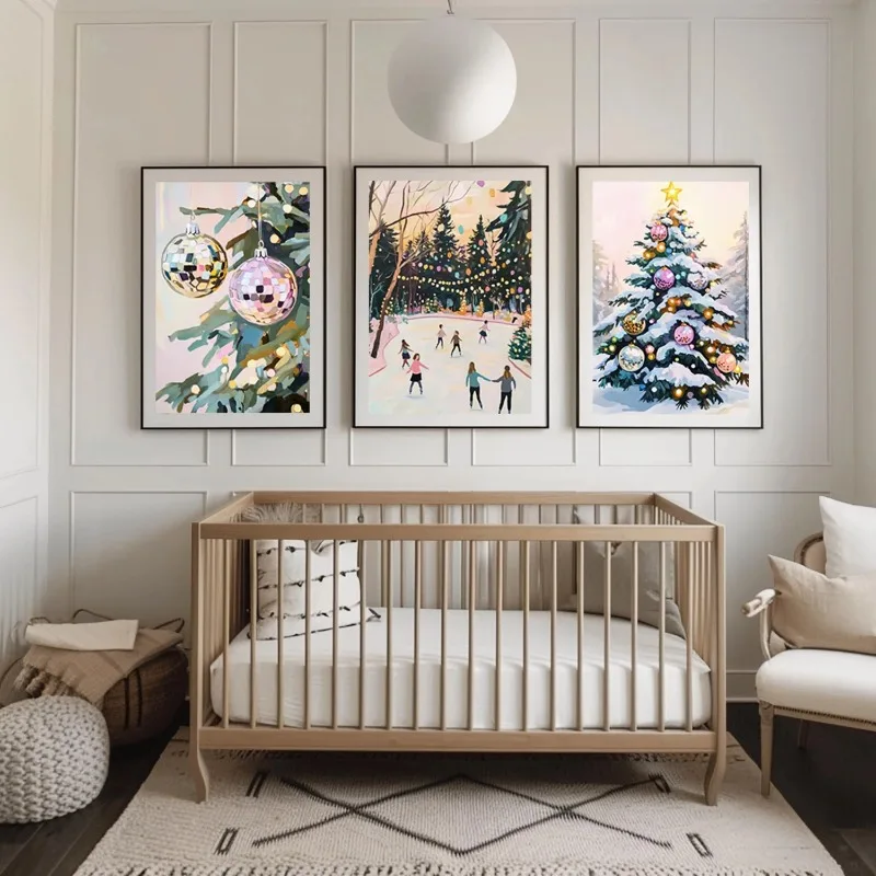 3pcs Colorful Disco Christmas Wall Art Ice Skating Winter Scene Xmas Tree Ornament Print Fun Holiday Home Decor Unframed Canvas