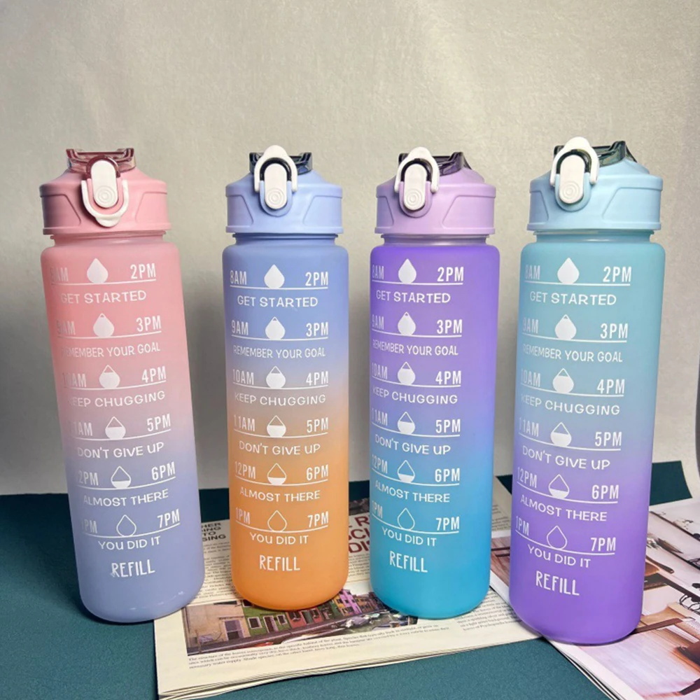 

Frosted Straw Water Bottle Time Marker Colorful Stickers Bottle Sports 900ml Water Bottles Leakproof Drink Portable Drinking Cup