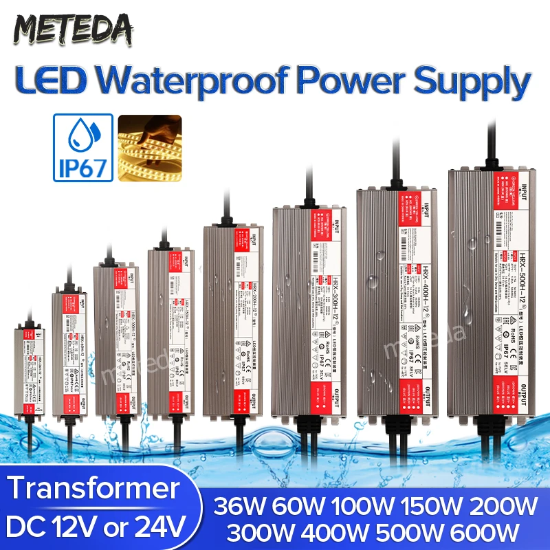 LED Driver DC12V 24V IP67 Waterproof Lighting Transformers for Outdoor Light 12V Power Supply 36W 150W 200W 600W Power Adapter