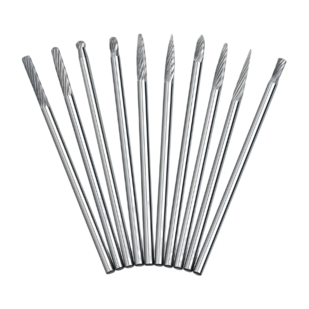 10pcs Double Cut Rotary Burrs 3mm Shank Carbide Rotary File Set for Milling Carving Deburring on Cast Iron Steel Aluminum