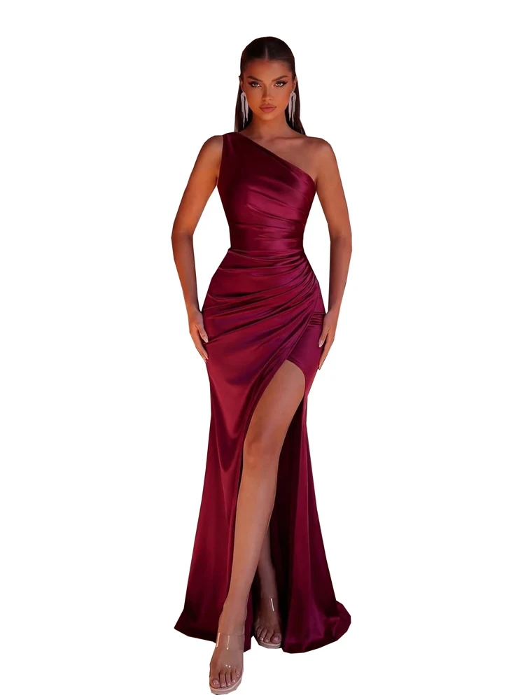 Elegantes Brautjungfernkleid, One-Shoulder-Satin-Abendkleid, gerafftes, hochgeschlitztes Meerjungfrauen-Maxikleid für Damen, Hochzeitsgast, Abschlussball, Party – Detail 5
