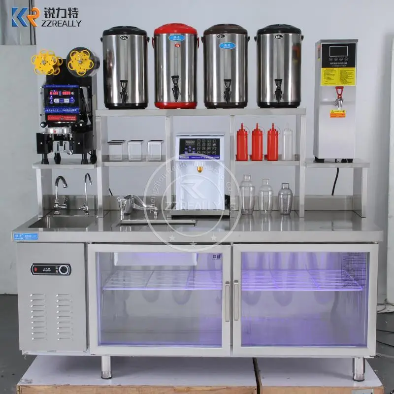 New Design 1.5m Stainless Steel Bubble Tea Counter Kiosk Standard Freezer With Containers Price Bubble Tea Equipment