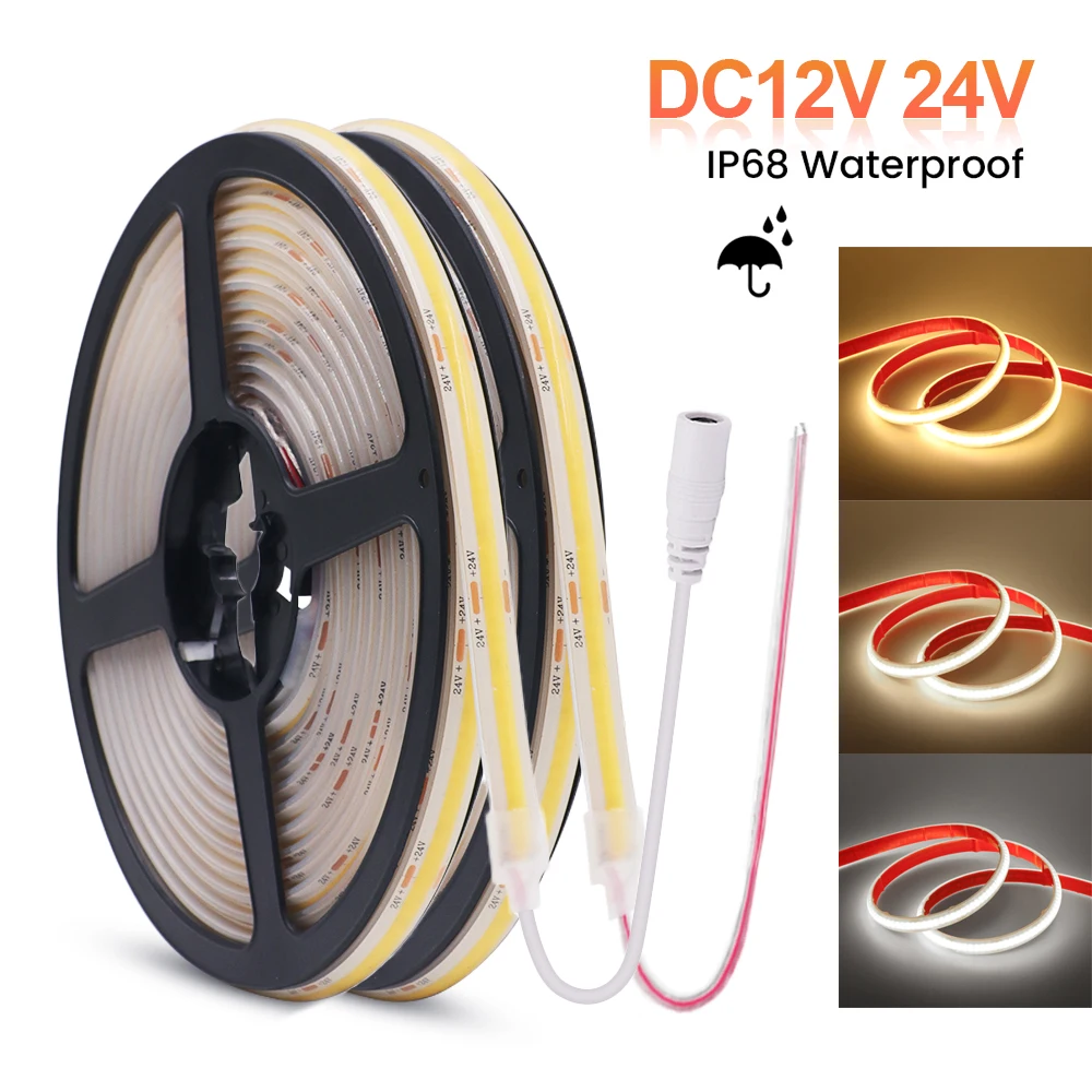 IP68 Waterproof COB Strip DC 12V 24V 320Leds/m RA90 3000K-6000K Flexible Ribbon Tape Rope Light High Density Linear Lighting