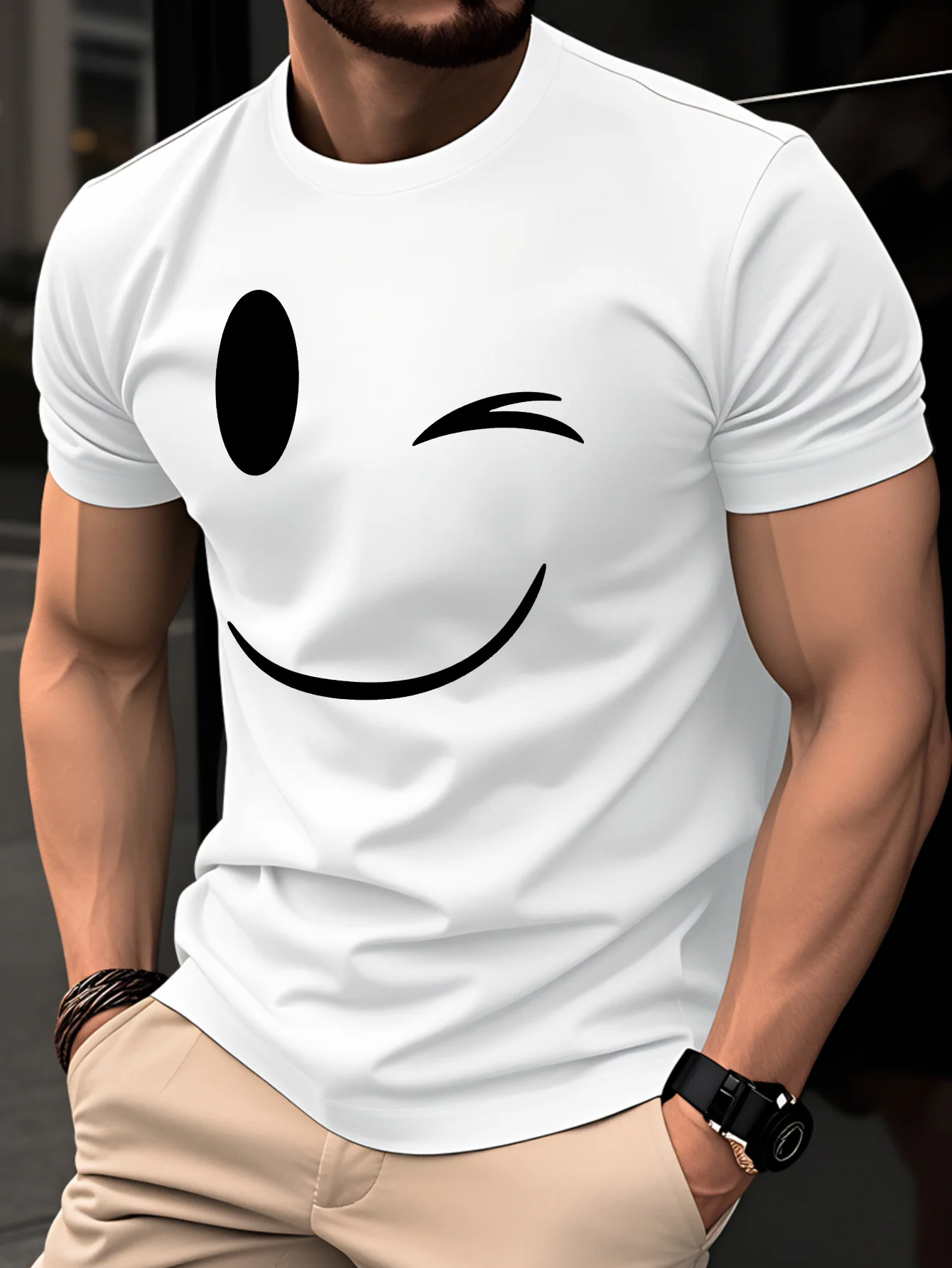 Men's T-shirt Summer Short-sleeved Top Trendy and Fashionable, Simple Line Joyful Face with Playful Blinking Expression Design