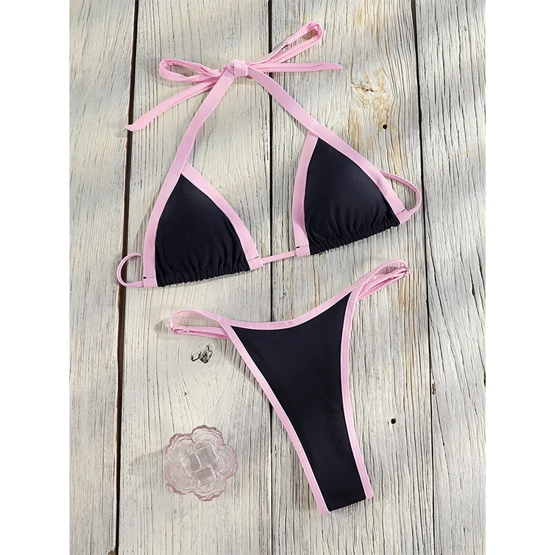 Patchwork Beachwear Black Bikini Triangle Swimsuits String Swimwear Micro Bikinis Women Two-Piece Swimsuit Set