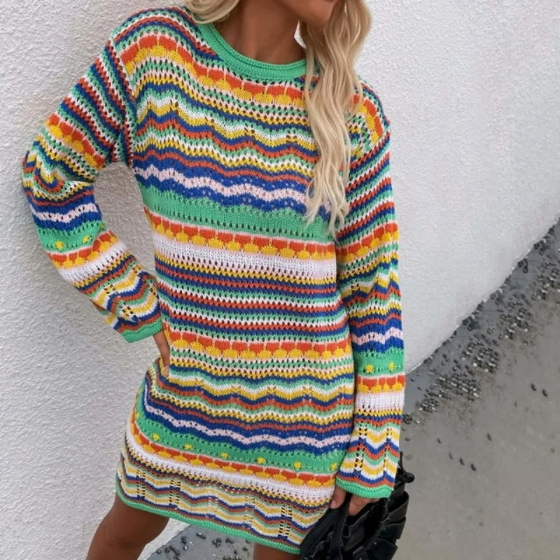 Damen Langarm pullover Kleid bunte Regenbogen pullover neue Top Pullover gestreifte mittellange Pullover Kleid autumn7376 #