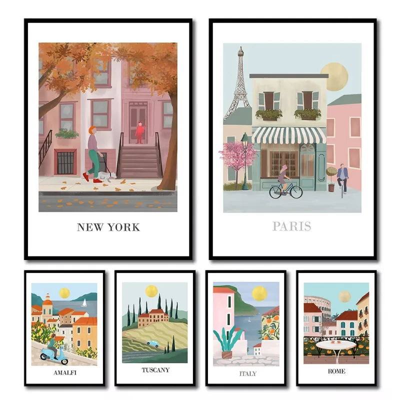 Watercolor Paris Italian Street Tuscan Rome Balcony View Abstract City Poster Canvas Painting Wall Art Pictures Home Decor