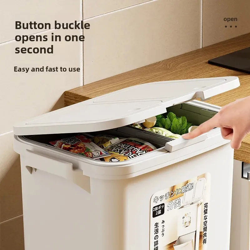 For Kitchen Trash Can Large Capacity Double Layer Wet Dry Separation With Lid Japanese Style Removable Household Garbage Bin