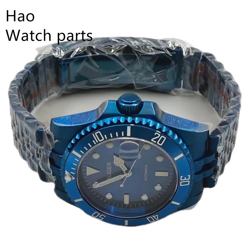 BLIGER 40mm NH35A Movement Watch Sapphire Crystal Automatic Men's Watch Steel Bracelet /Curved Rubber Strap Blue Watch