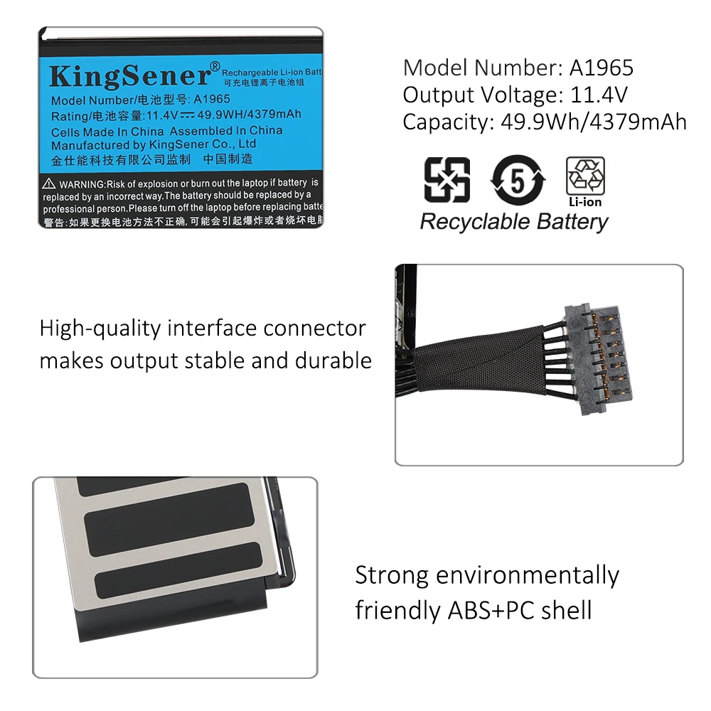 KingSener 49.9Wh A1965 แบตเตอรี่แล็ปท็อปสําหรับ APPLE MacBook Air 13 "A1932 2018 2019 ปี, a2179 Early 2020 EMC 3184 EMC3302 020-02455