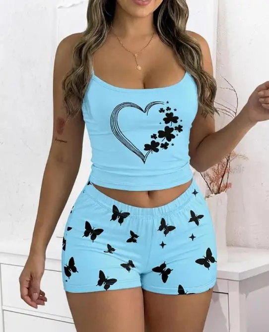 

Женские летние узкие шорты без рукавов с круглым вырезом и цветочным принтом на подтяжках и заниженной талией с принтом бабочки, подходящий для домашнего использования