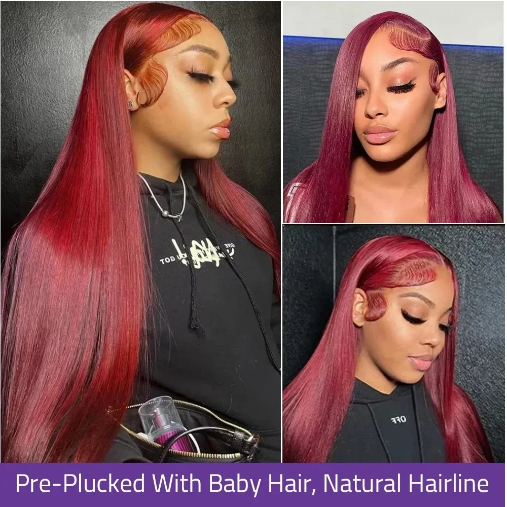 99j Burgundy Lace Frontal Human Hair Wig 250 Density Pre Plucked Red