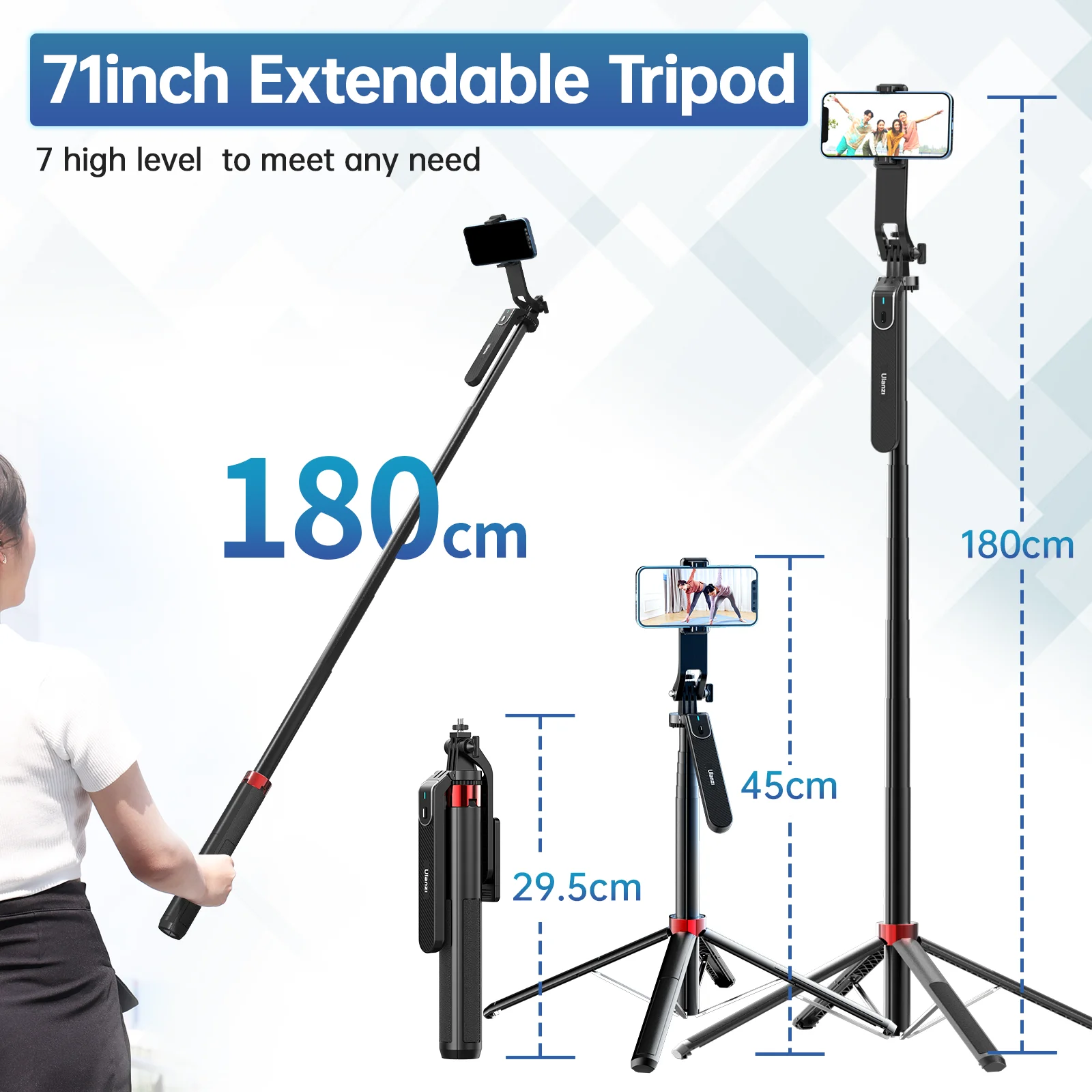 Ulanzi MA09 1.8m Selfie Stick Tripod for iPhone 16 15 14 13 Pro Max Android Phone with Remote Control Panoramic Ball head Holder