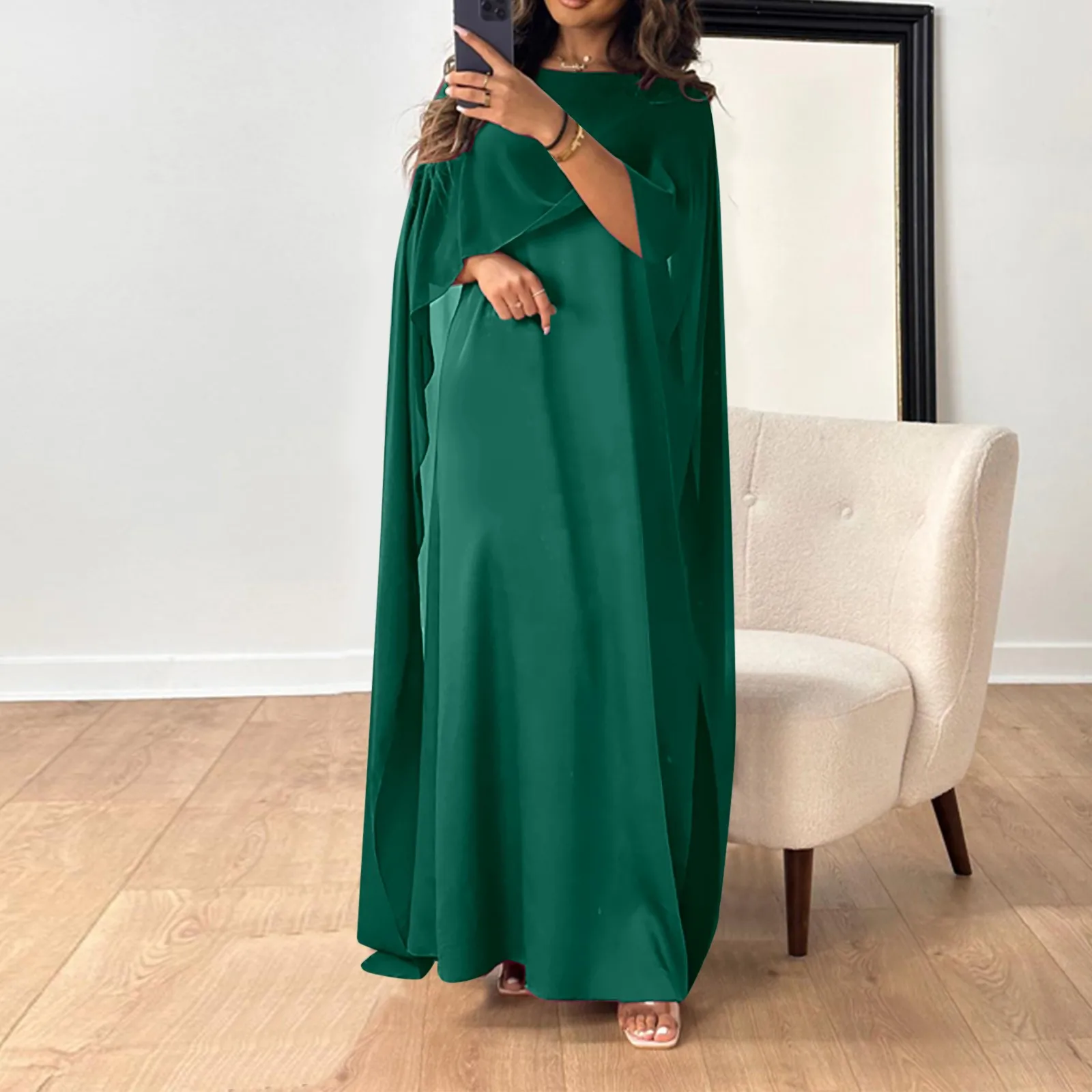 

Solid Color Silky Chiffon Green Ramadan Dress For Womens Long Sleeve Crew Neck Pullover Oversize Muslim Abayas Women's Clothing