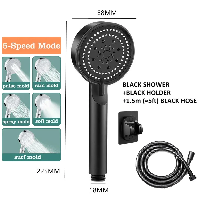 NEW High Pressure Shower Head 5 Modes Adjustable Showerhead Water Saving Black Shower Head Hook Hose Bathroom Accessories