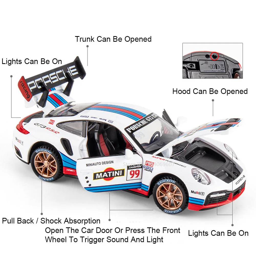 1:32 911 GT3 RSR نموذج سيارة رياضية مصغرة اللعب سبيكة دييكاست المركبات 4 أبواب مفتوحة التراجع ضوء الصوت سيارة خارقة الأولاد الهدايا