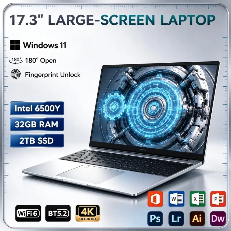 Intel 6500Y 17.3 Inch Large Screen Portable Notebook 32GB RAM 2TB SSD Windows 11 Fingerprint Unlock For Business Travel Office