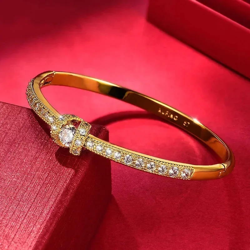AU999 Gold Bracelet Diamond Clamps Bracelet Women's Simple Light Bracelet 24K Real Gold Bracelet Jewelry