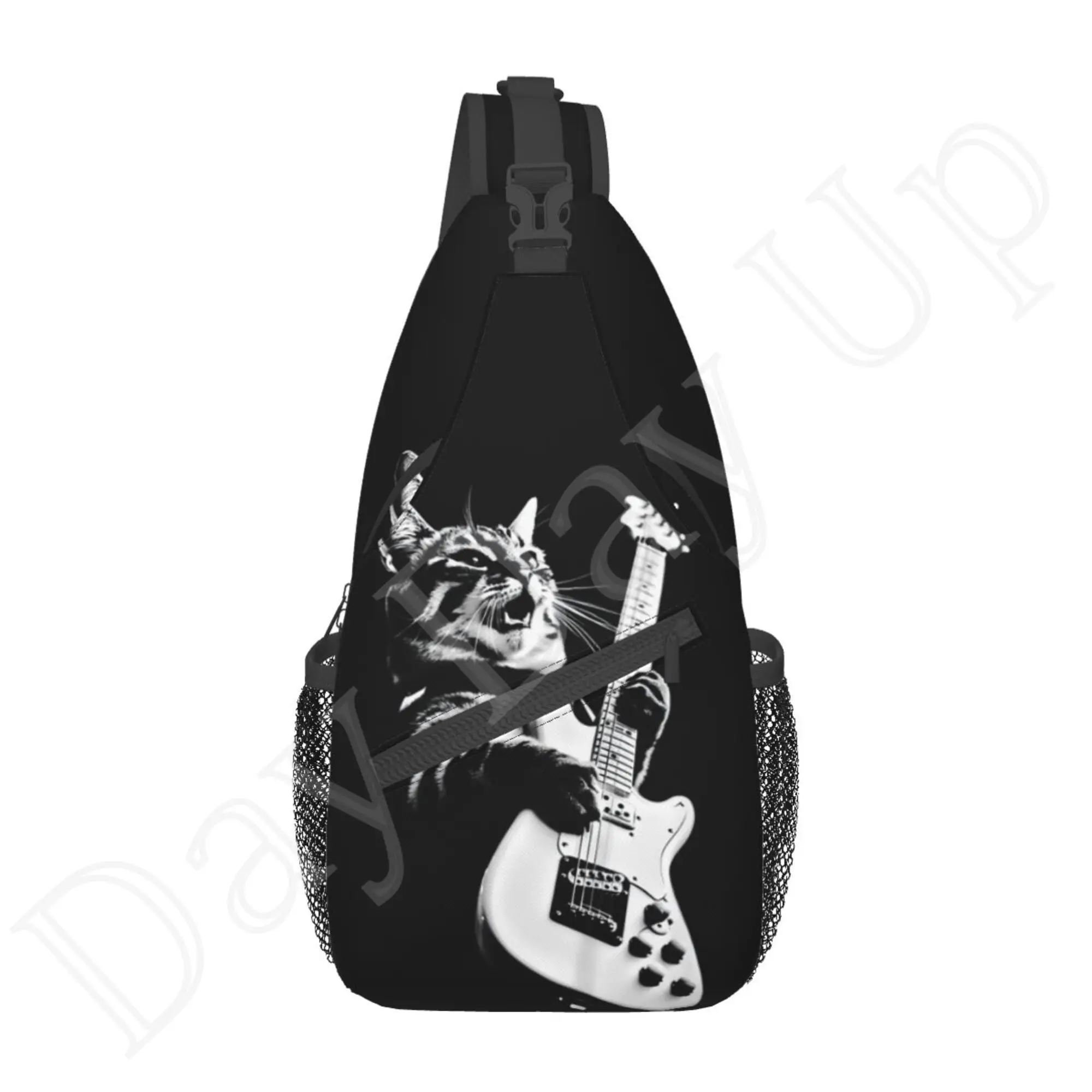 Kot rockowy grający na gitarze zabawna gitara kot torba na klatkę piersiowa krzyż dla mężczyzn kobiet Halloween wystrój poliester Unisex swobodna wędrówka na świeżym powietrzu