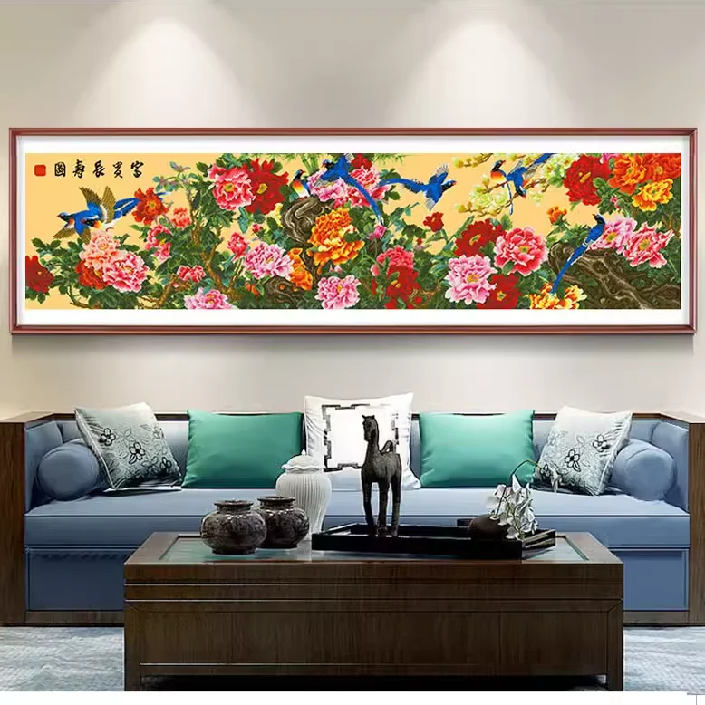 Cross stitch finished product, pure handmade, rich and long life picture, national color, peony, new Chinese style living room,