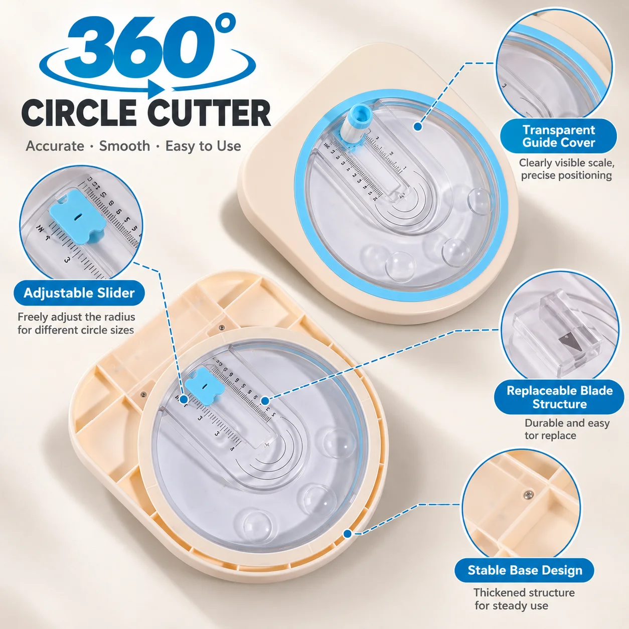 360 ° Drehbarer, kreisförmiger Papierschneider, in verschiedenen Größen verstellbar, ideal für DIY-Scrapbooking und Bastelarbeiten mit Karton. – Detail 6