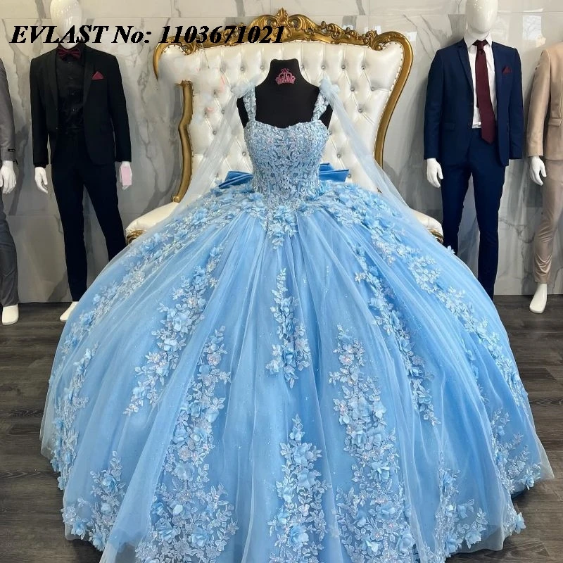 

EVLAST Bling Blue Quinceanera Dress Ball Gown 3D Flowers Applique Beading With Cape Bow Sweet 16 Vestidos De XV 15 Anos SQ129