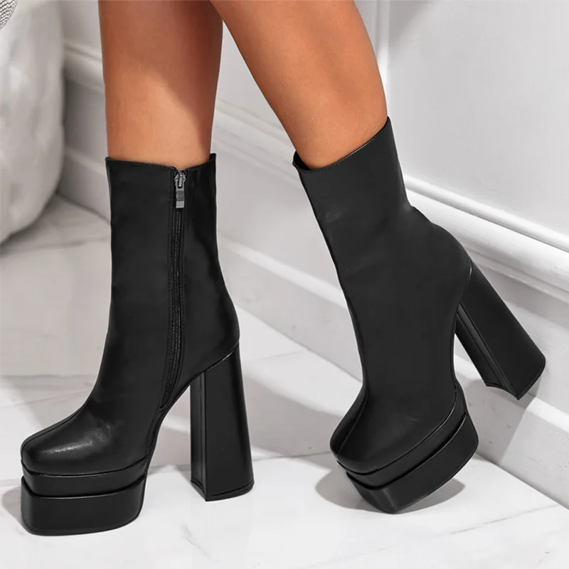 Chunky Platform Boots Women 2024 New High Heels Ankle Boots for Women Black Leather Square Toe Zipper Women Shoes Botas Mujer