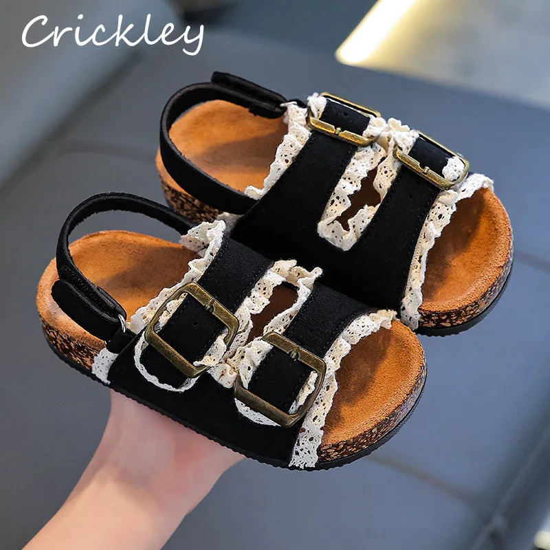 

Lace Ruffles Girls Sandals Summer PU Leather Buckle Cork Sandals For Kids Fashion Hook Loop Anti Slip Children Beach Shoes