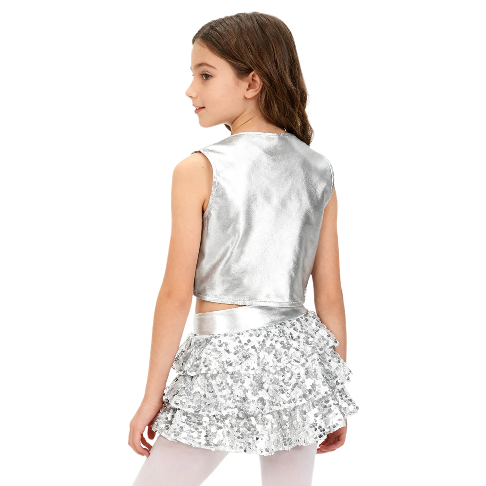 Girls Child Two-pieces Sequins Tassels Top with Tiered Ruffle Skirted Shorts for Latin Jazz Waltz Party Dance Performance Wear