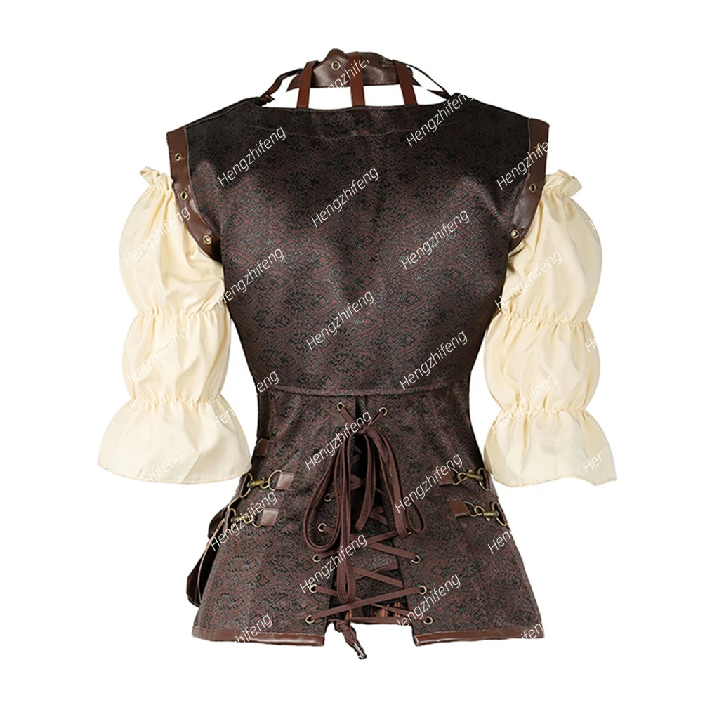 Corset with Renaissance Blouse Set Steampunk Corsets Leather Pirate Bustier Gothic Punk Outerwear Corselet Overbust Costumes